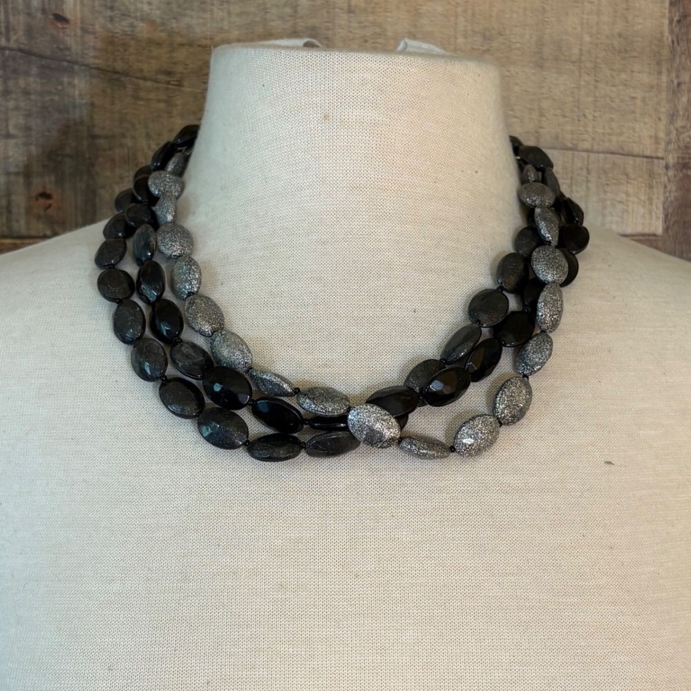 Black Silver Triple Strand Beaded Necklace Oval Multi Layer Statement